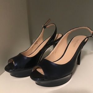 Navy Blue Patent Nine West Slingback Platform Pump